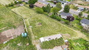 Expansive agricultural land featuring cultivated rows, established trees, and surrounding residential properties