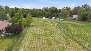 Expansive green space featuring segmented fields, mature trees, and a distant red barn structure