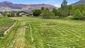 Expansive green lot featuring a partially mowed lawn, partial fencing, and distant mountain scenery