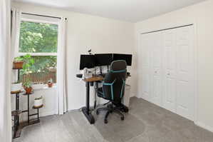 Room with light gray carpeting and neutral wall paint