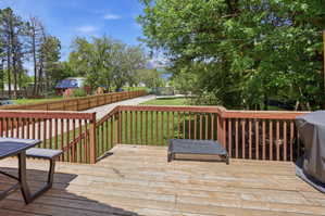 Expansive outdoor deck featuring wood flooring and railings