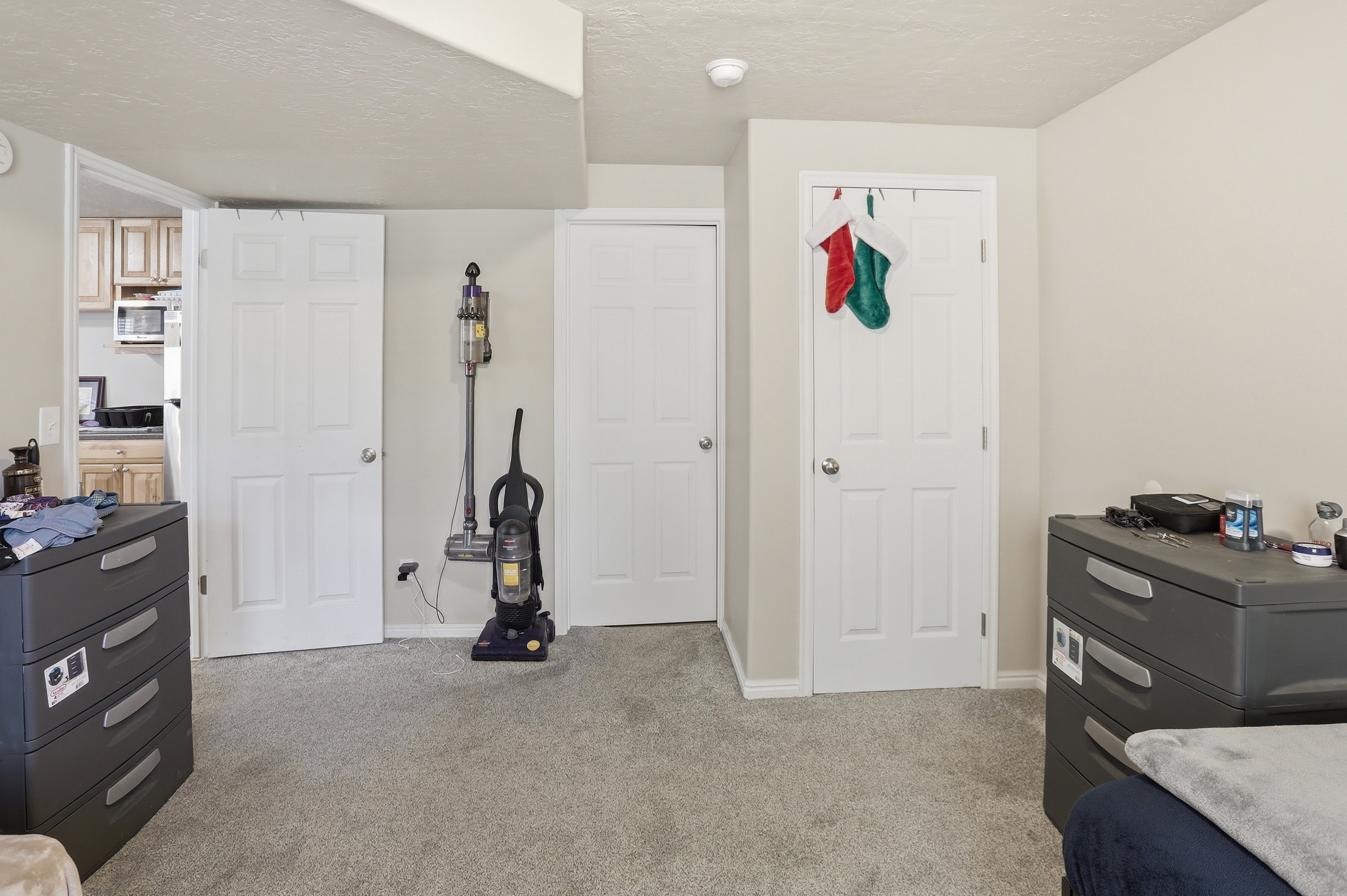 Carpeted room in basement apartment with light-toned walls and multiple paneled doors