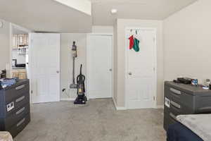 Carpeted room in basement apartment with light-toned walls and multiple paneled doors