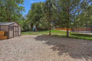 Gravel yard area with a wood-sided shed featuring a window