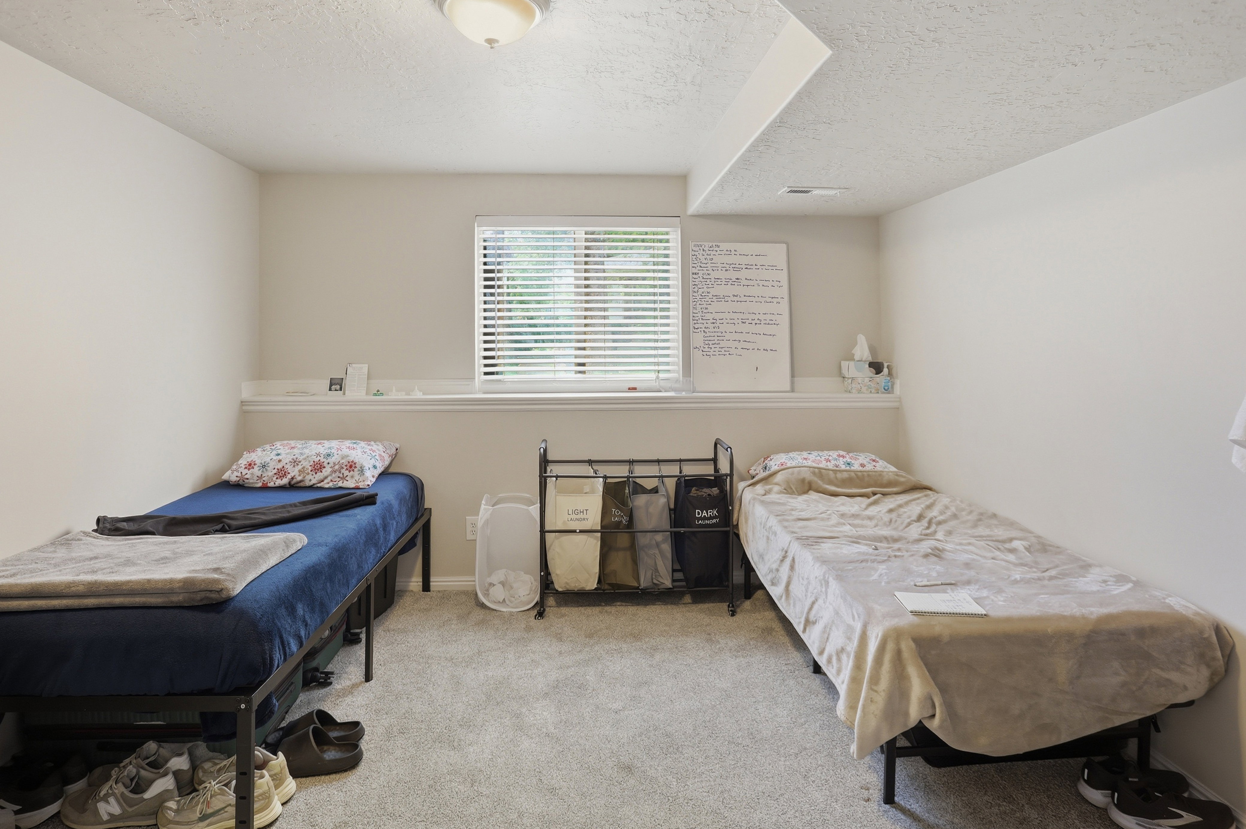 Carpeted room in basement apartment with a window featuring horizontal blinds and a window ledge