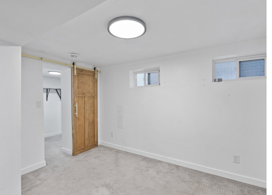 White-painted interior space featuring light-colored carpeting
