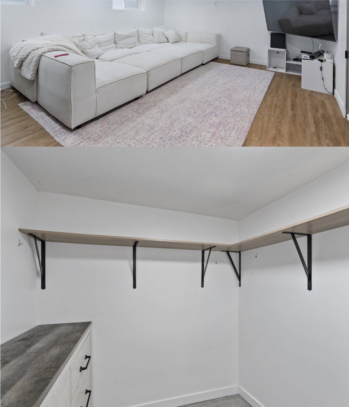 Spacious room featuring light wood-finish flooring and white walls