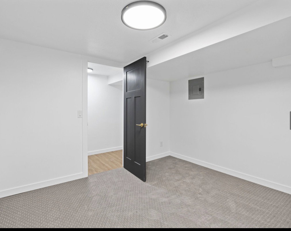 Room featuring neutral patterned carpeting, white walls with white baseboards, and a modern flush-mount ceiling light