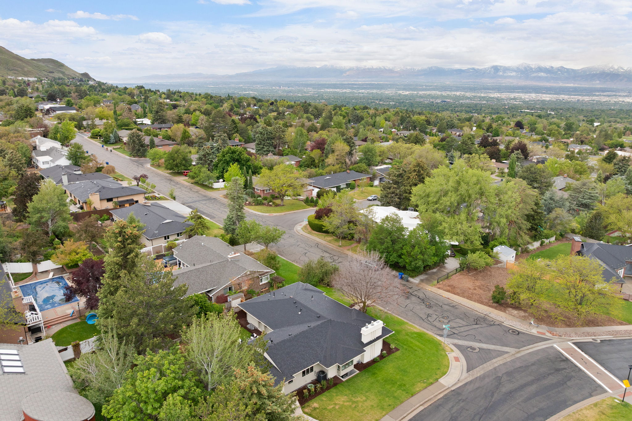 Aerial perspective of a residential neighborhood featuring established homes with varying architectural styles
