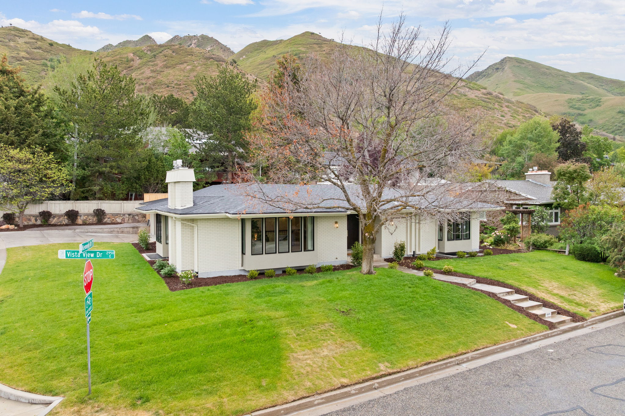 Contemporary ranch-style residence featuring a prominent front lawn with stepped landscaping