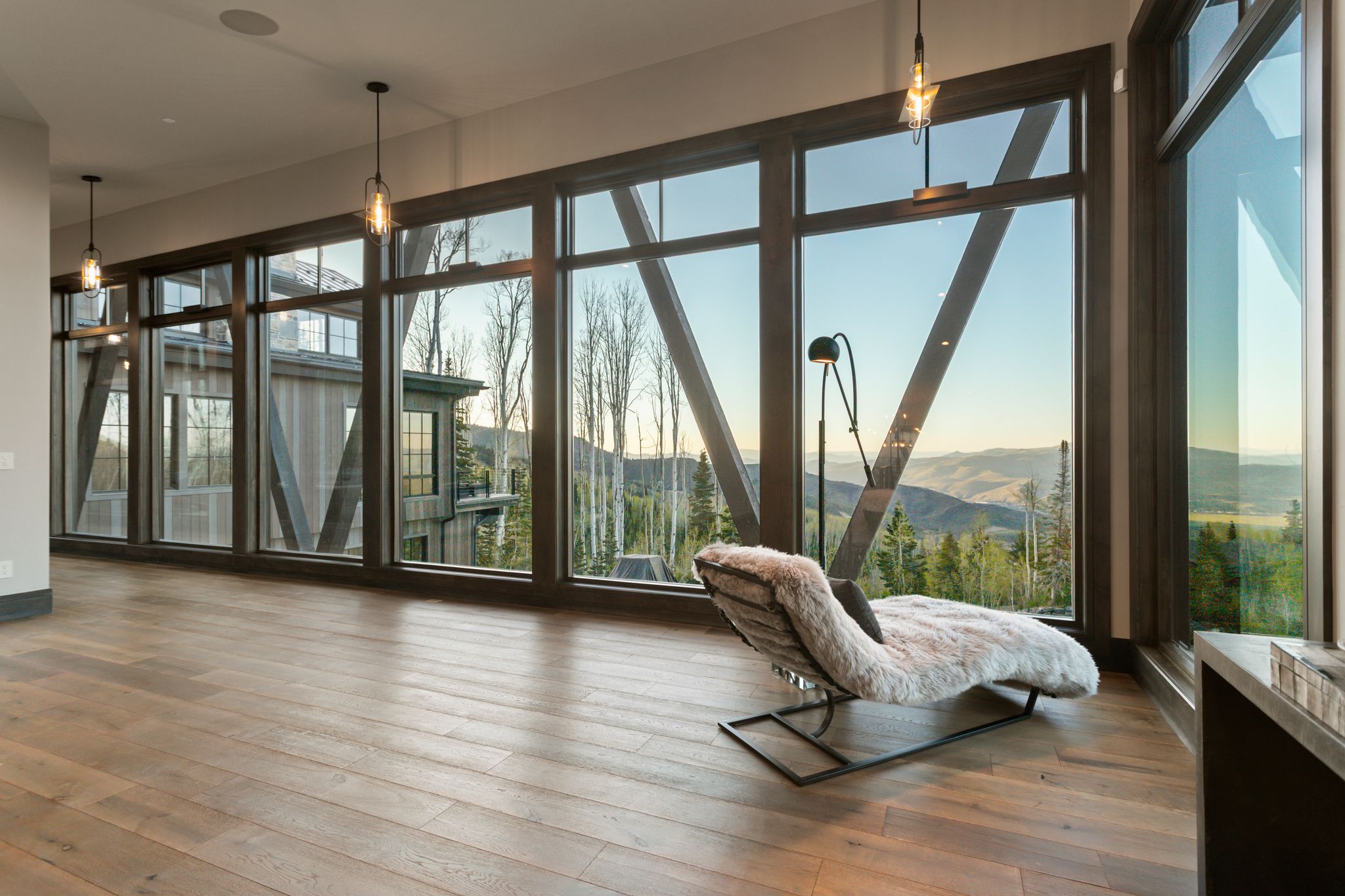 Expansive room featuring wide plank wood-finish flooring and full-height windows with dark trim