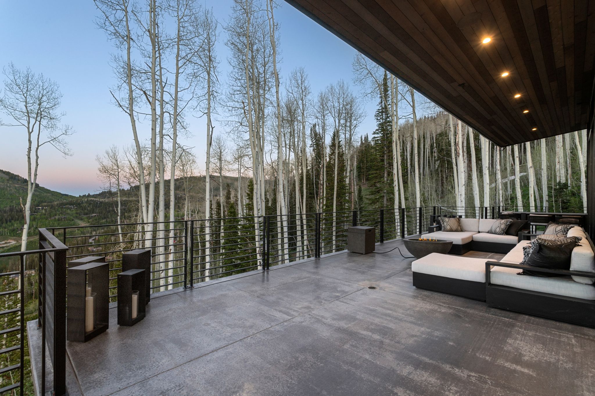 Spacious outdoor patio with a durable concrete floor and contemporary metal railings
