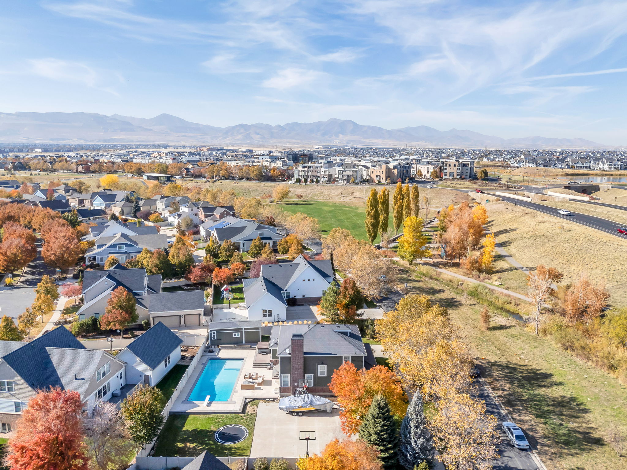 Aerial view of residential area featuring mountain views