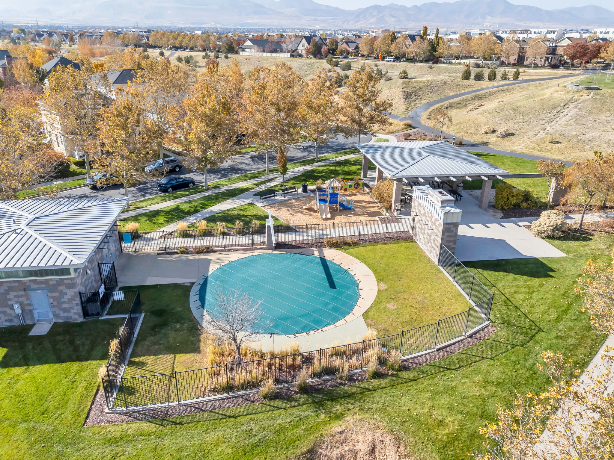 Aerial perspective of park and pavilion