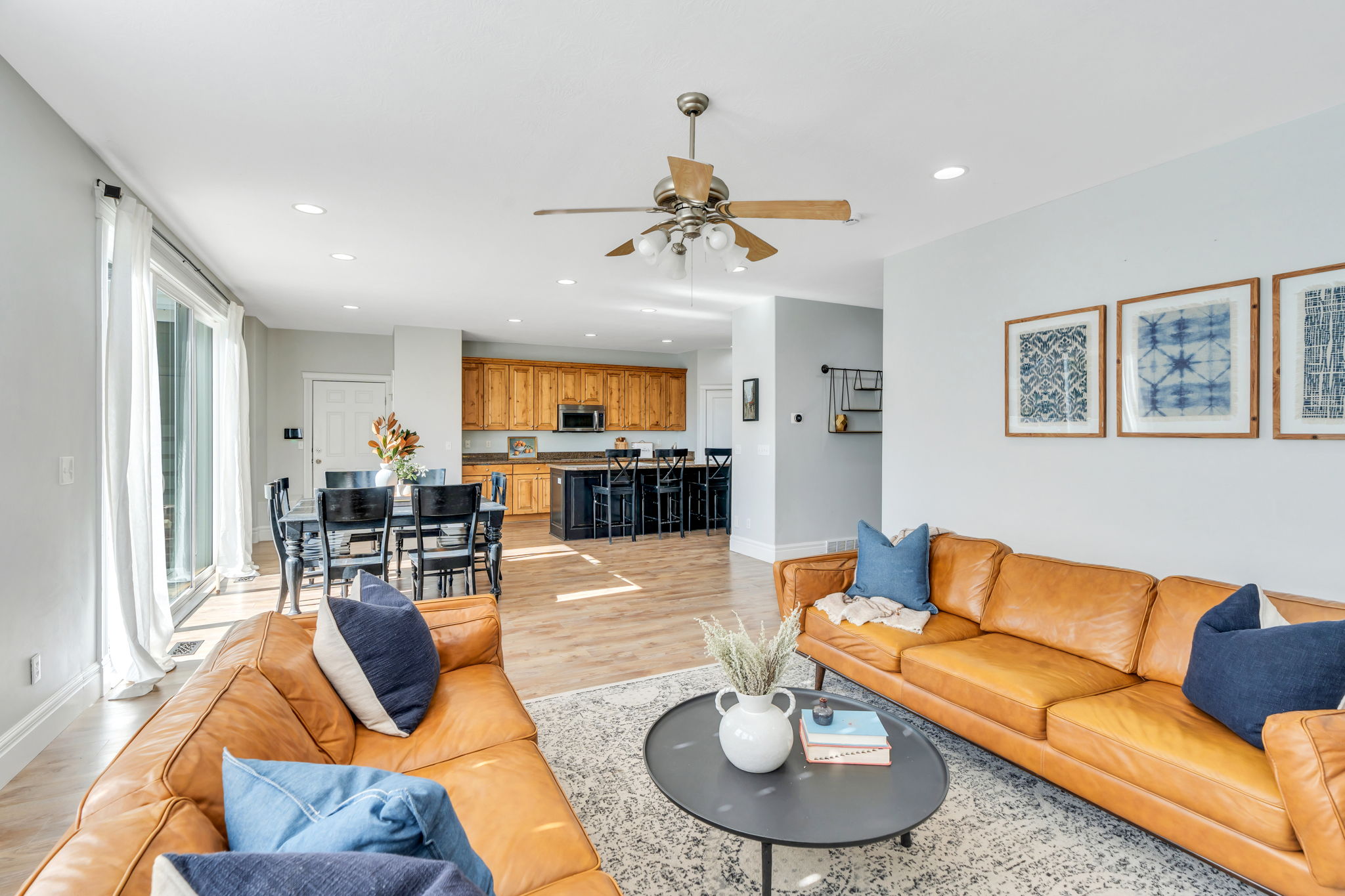 Open space of family room, dining area and kitchen