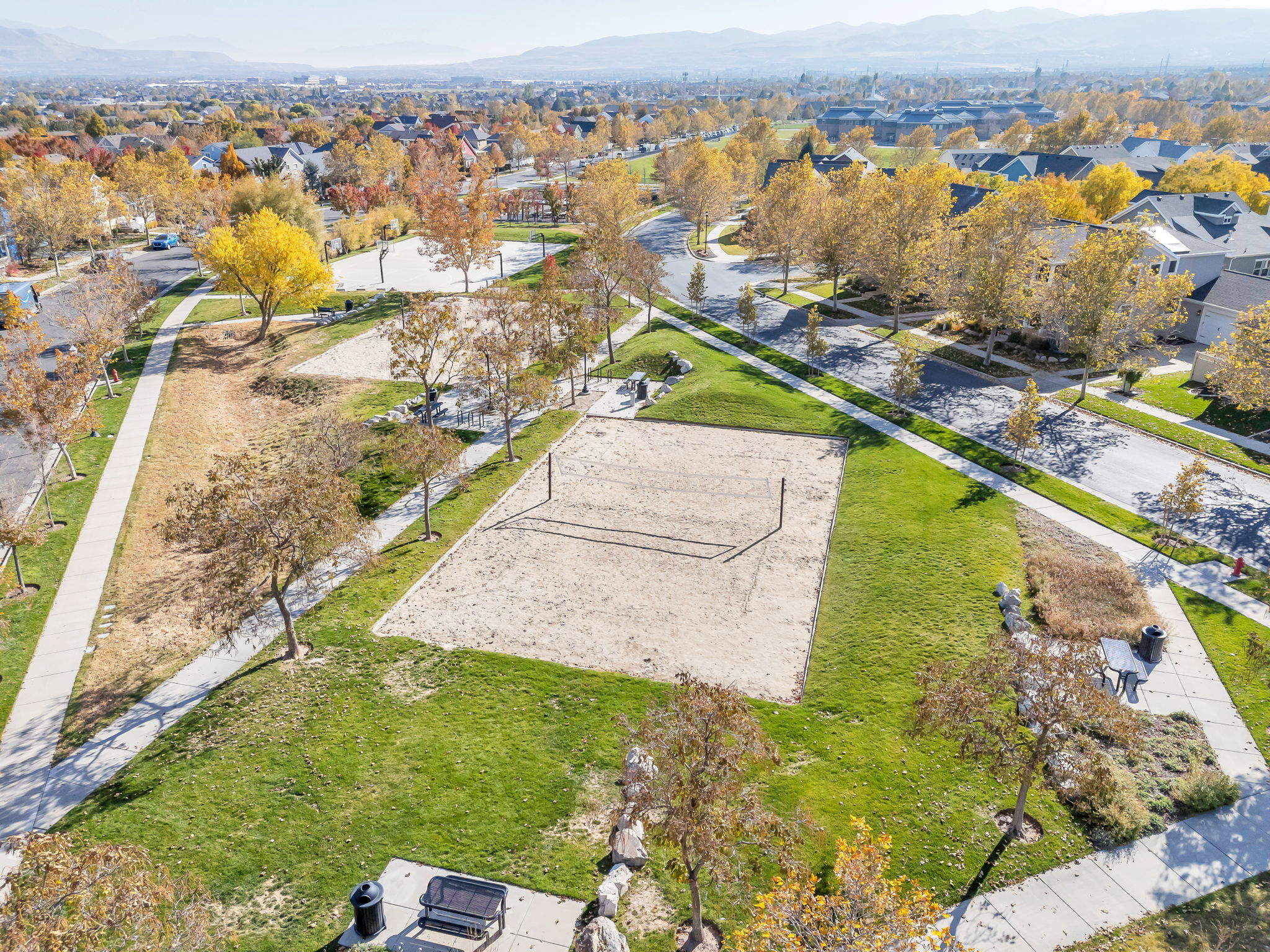 Aerial view of HOA maintained volleyball court