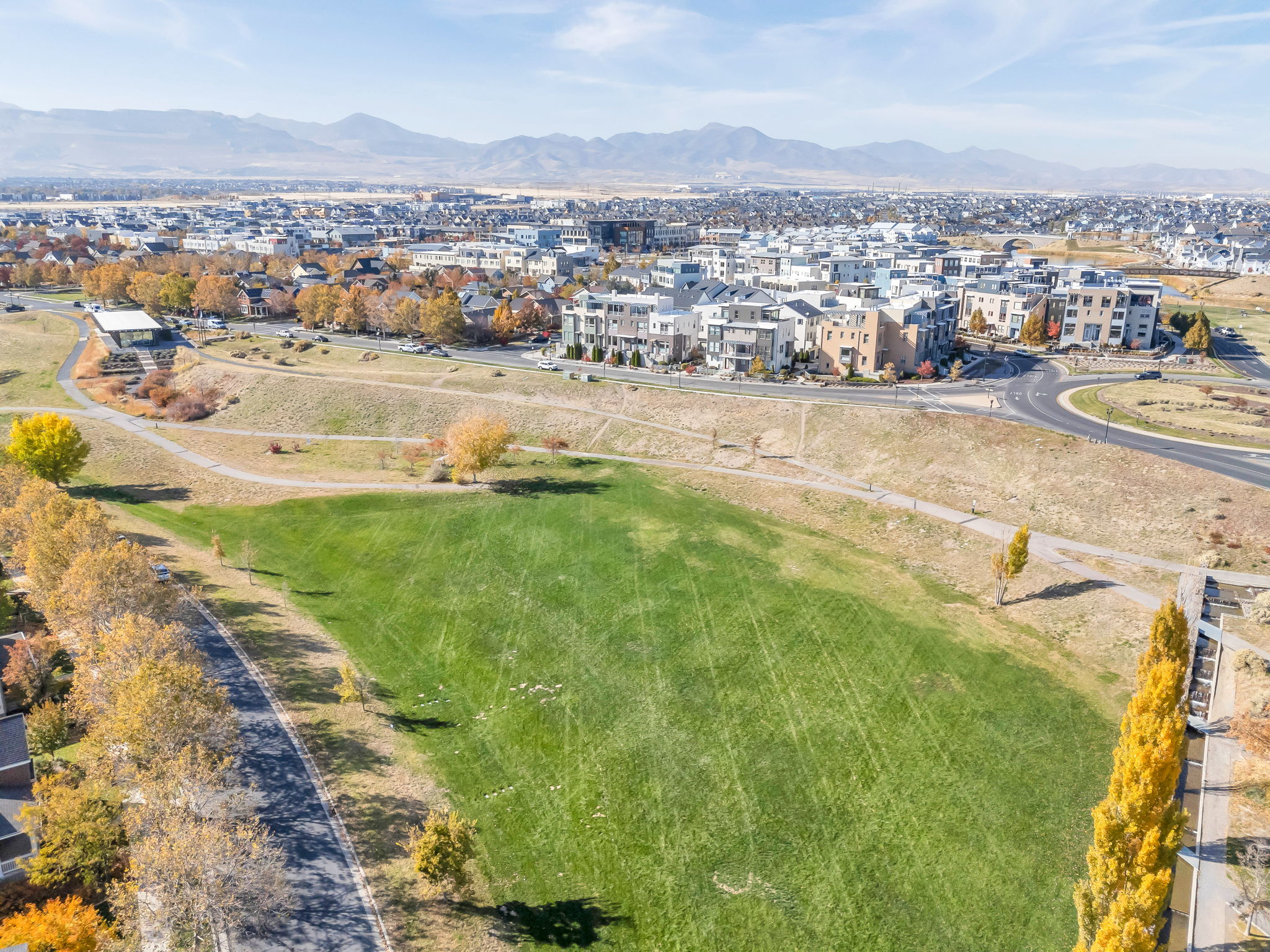 Aerial perspective of green space, suburban area, with a mountain backdrop