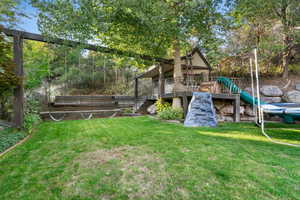 Expansive green lawn with a custom-built playhouse featuring a slide and elevated deck