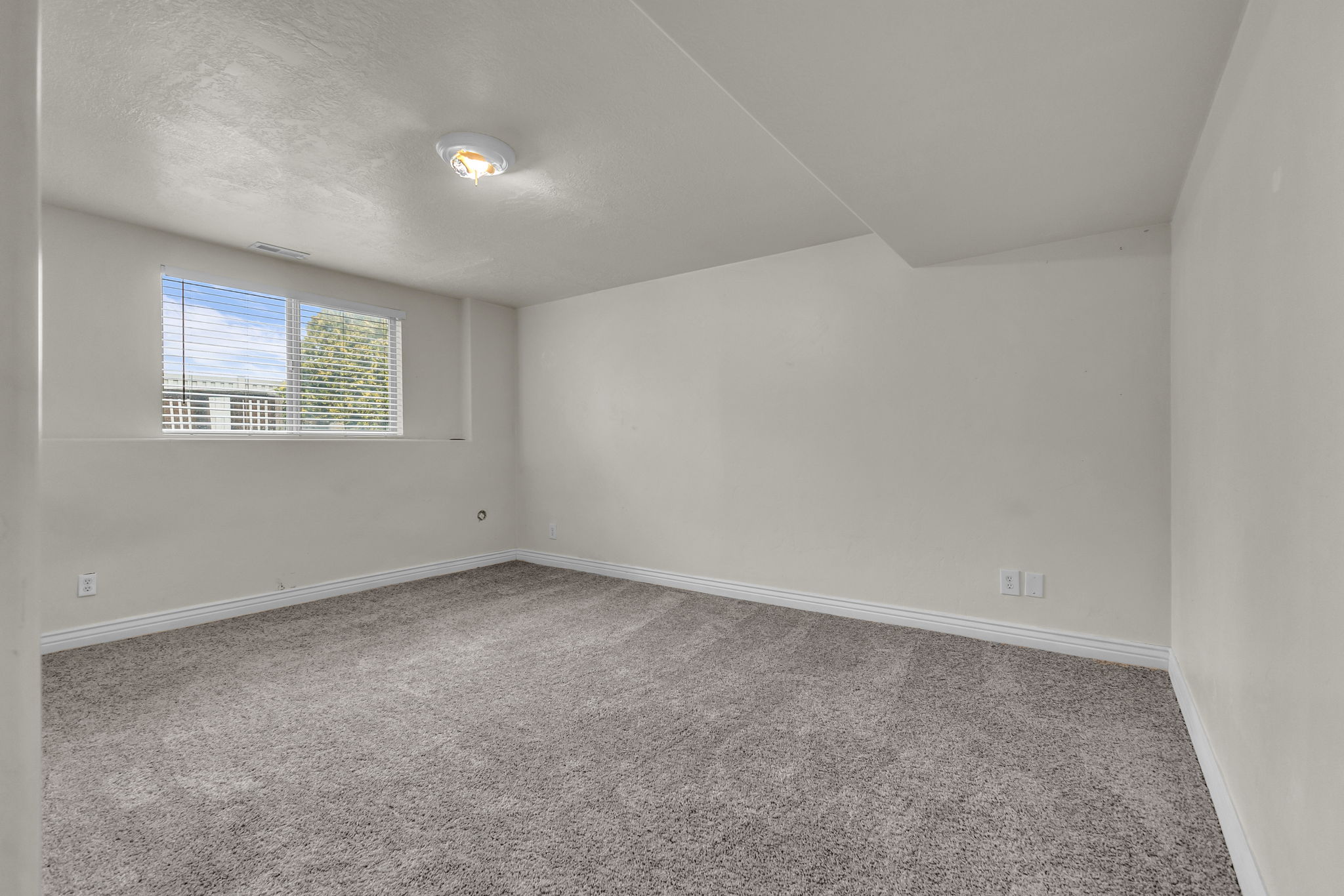 Carpeted room featuring a window with blinds, white trim, and light-colored walls