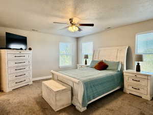 Carpeted bedroom with two windows featuring horizontal blinds