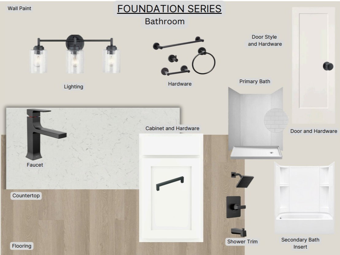 Foundation Series Bathroom Specification. Outlining material and fixture selections for the property's bathroom components