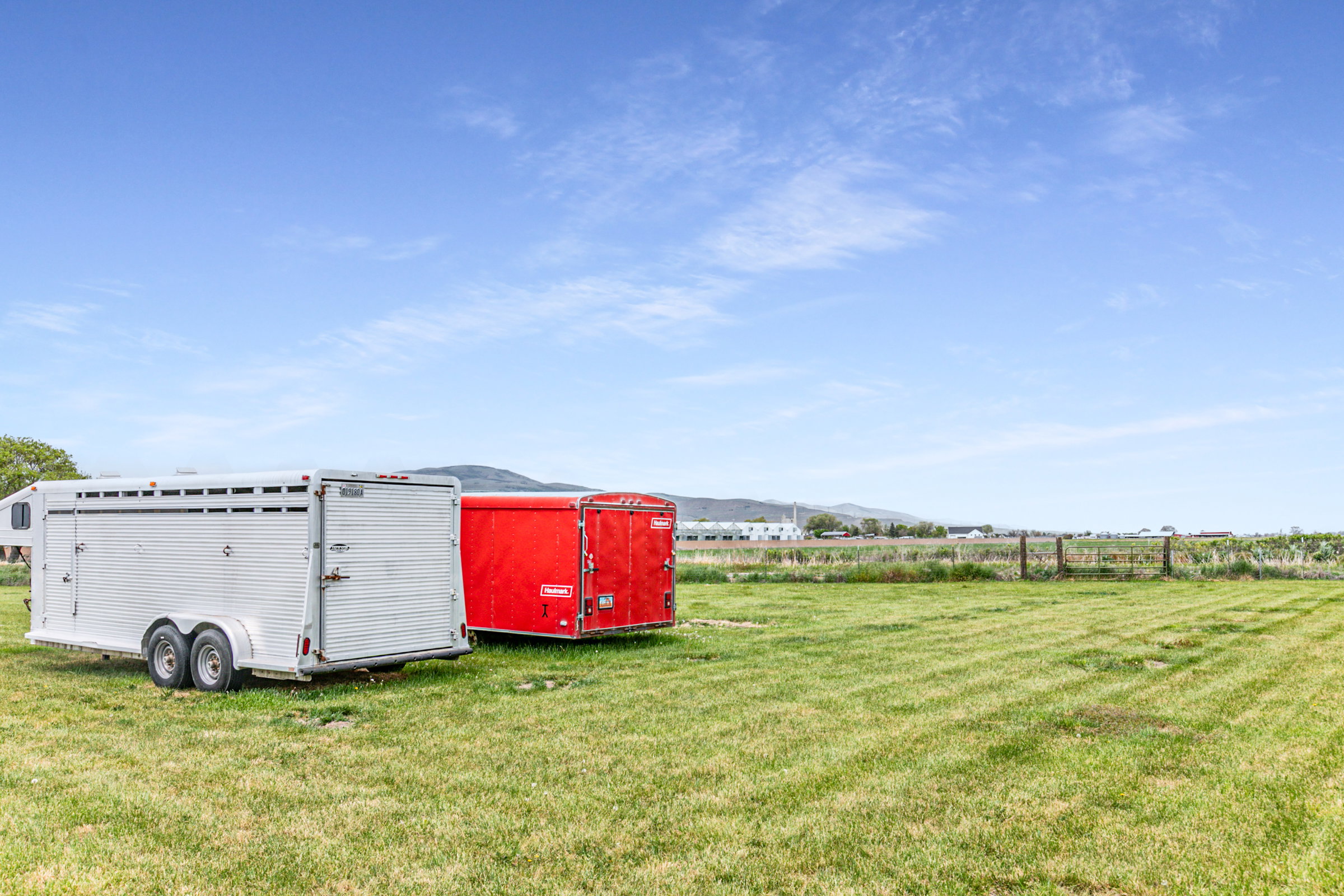 Expansive green field with distant mountains and clear blue skies