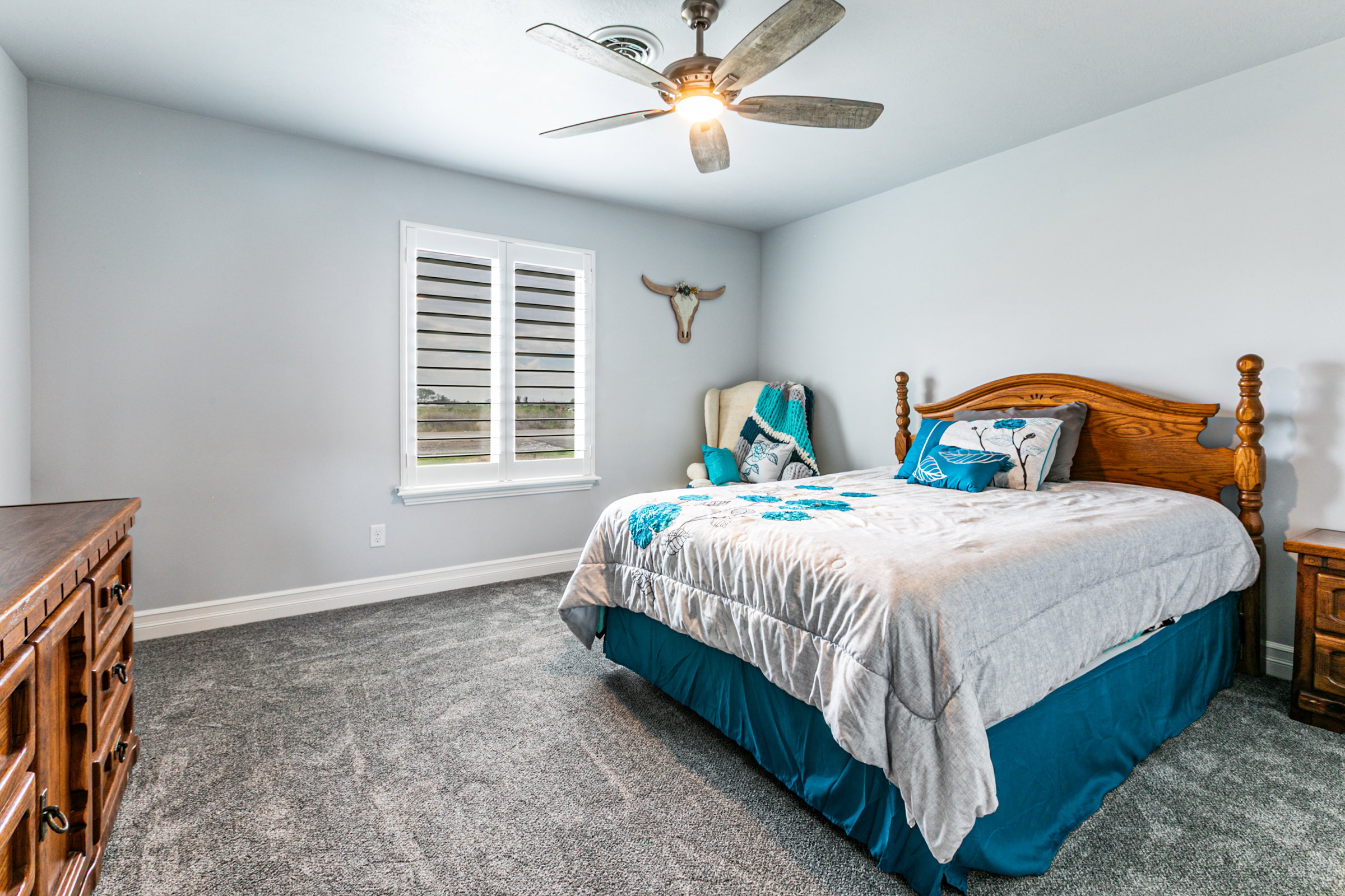 Plush carpeted flooring, a window featuring white plantation shutters, and light grey wall paint