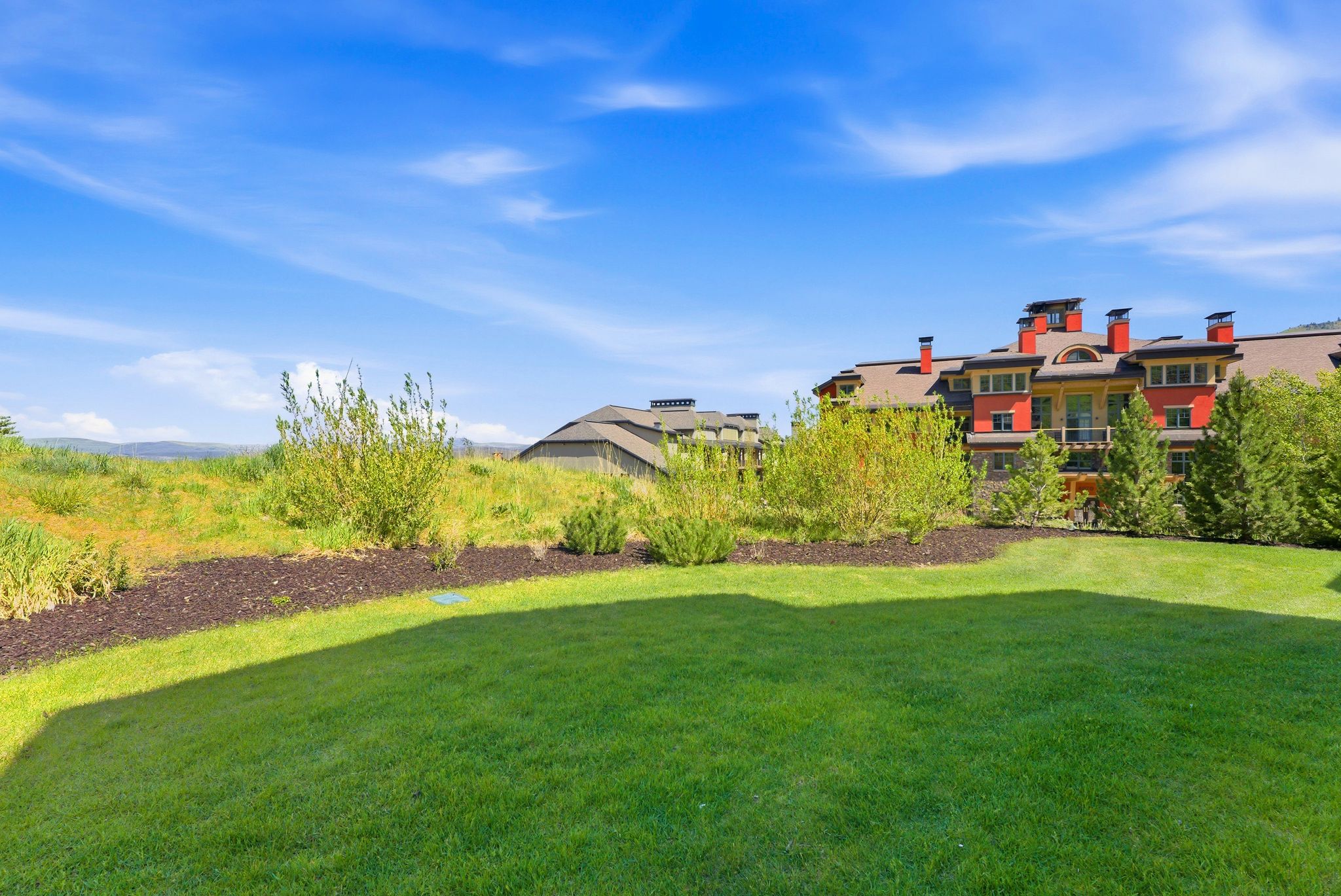 Expansive green lawn with a defined mulched border, featuring mature shrubs and trees