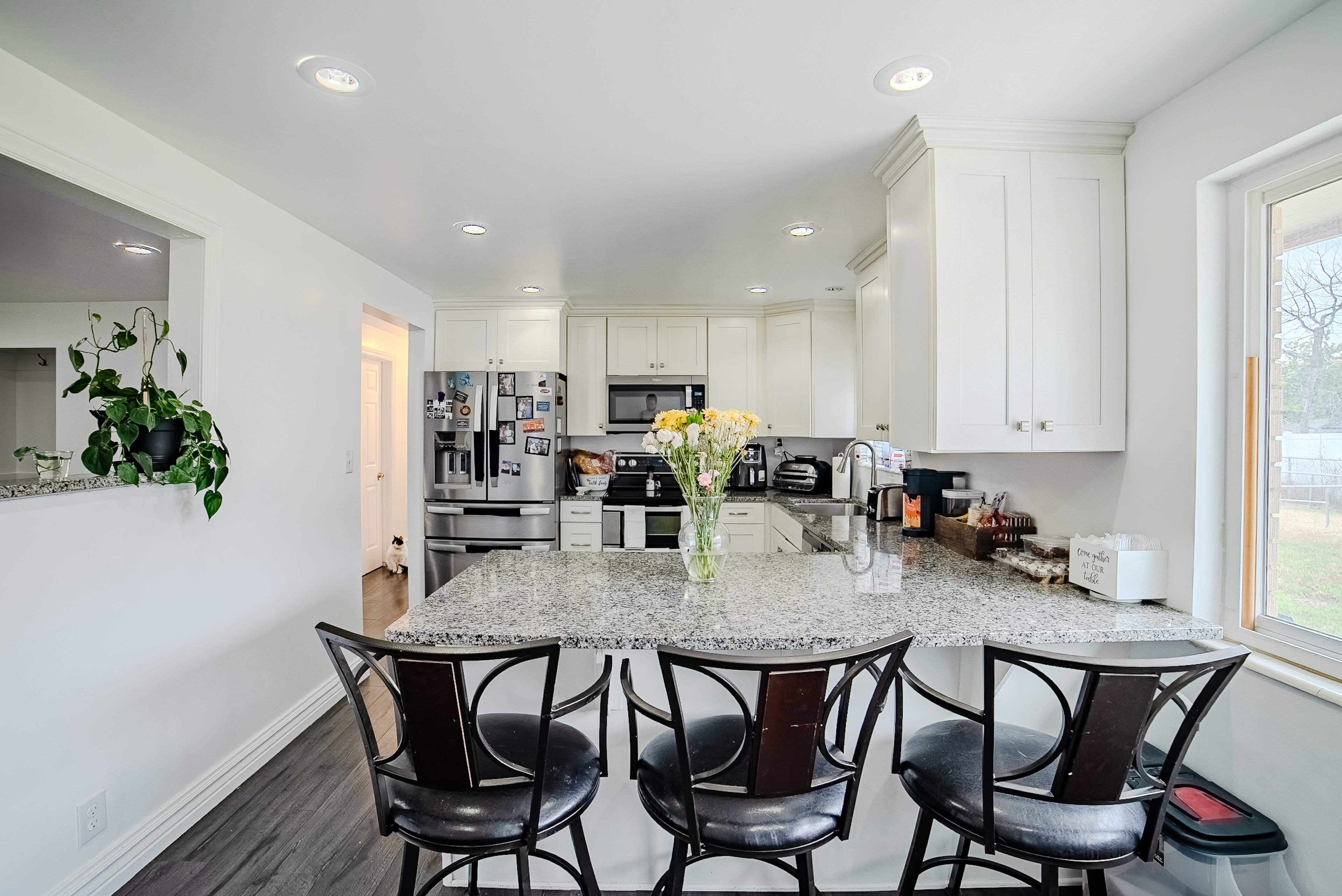 Kitchen featuring white cabinetry, light-toned granite countertops, stainless steel appliances, and dark wood-finish flooring