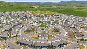 Aerial perspective showcasing a developed residential neighborhood with varied architectural styles