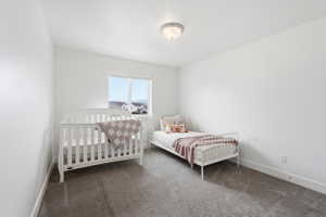 Bedroom 2. Bright room featuring neutral wall paint, gray carpeting, a two-pane window, and a flush-mount ceiling light fixture