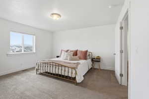 Promiary Suite, carpeted room featuring white walls, a single window with white trim, a flush mount ceiling light, and a white interior door