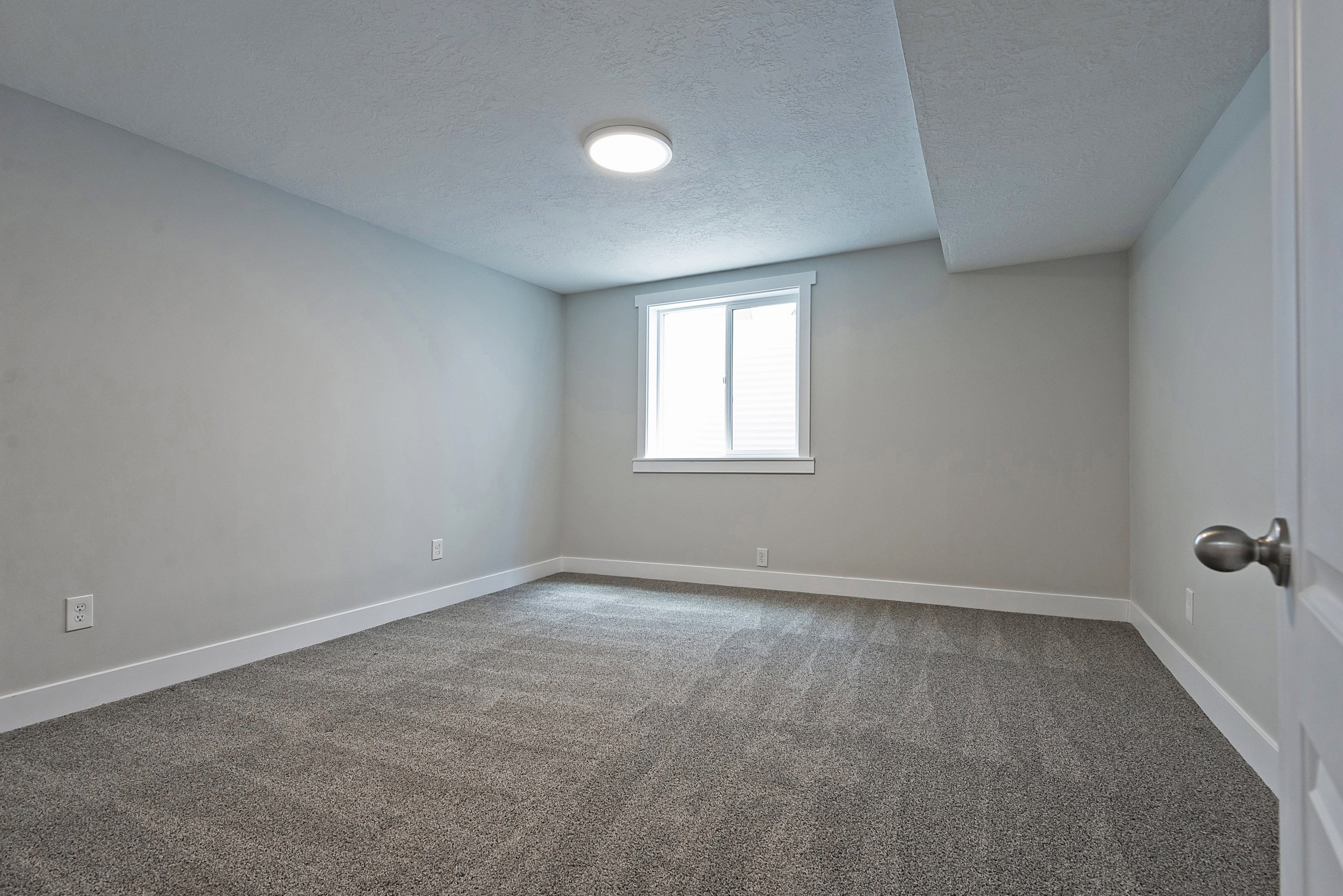 Spacious room featuring neutral carpeting, light-toned walls, and white trim