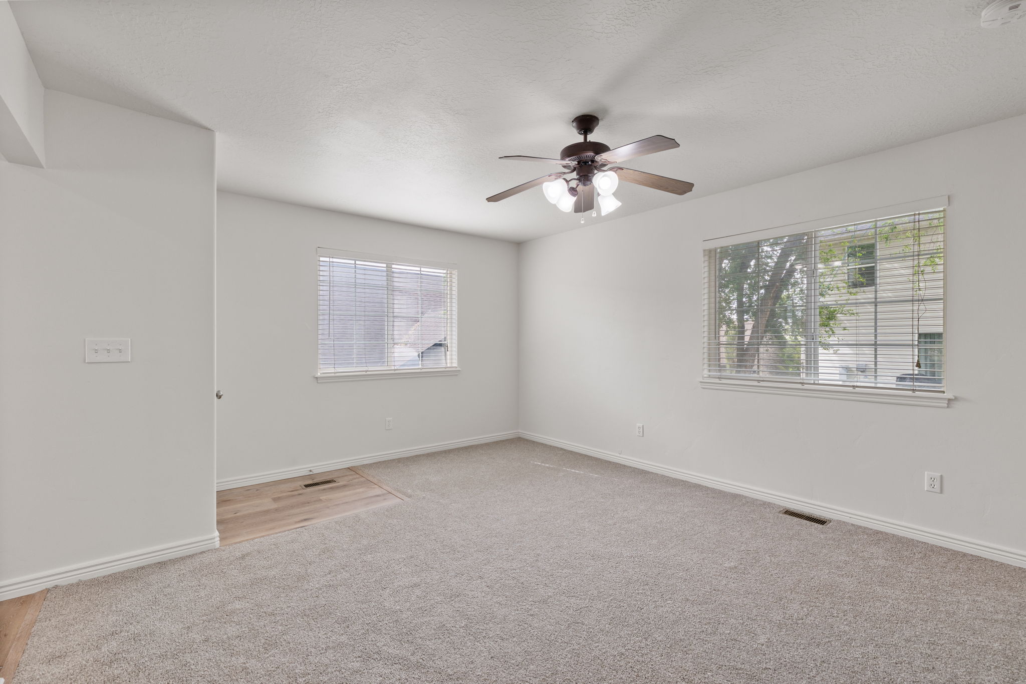Spacious carpeted living room with fresh neutral paint and abundant natural light