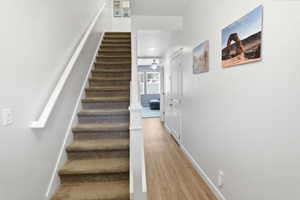 Carpeted staircase with white handrail and trim