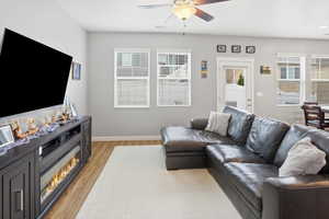 Spacious living area featuring light gray walls, wood-finish flooring, and multiple windows with blinds