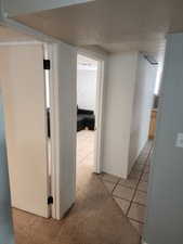 Interior hallway featuring carpet flooring, white painted walls, and a visible doorway with a white door