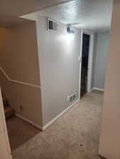 Carpeted hallway with light gray walls, white baseboards, and a wall-mounted light fixture