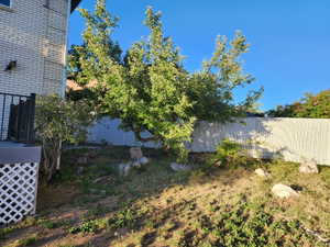 Sloping backyard featuring established trees, natural rock elements, and a white chain-link fence