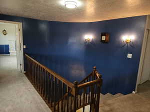 Carpeted hallway featuring a curved wall and wood baluster railing