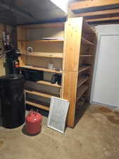 Built-in wood shelving units provide extensive storage capacity