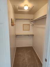 Carpeted closet with overhead lighting, built-in shelving, and hanging rods