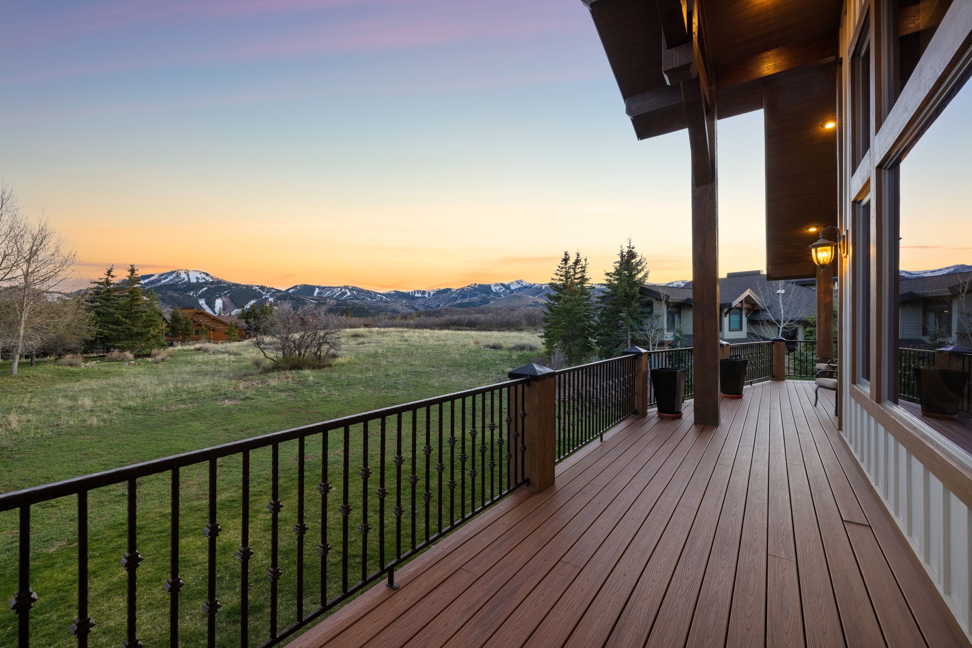 Deck at dusk with a mountain view