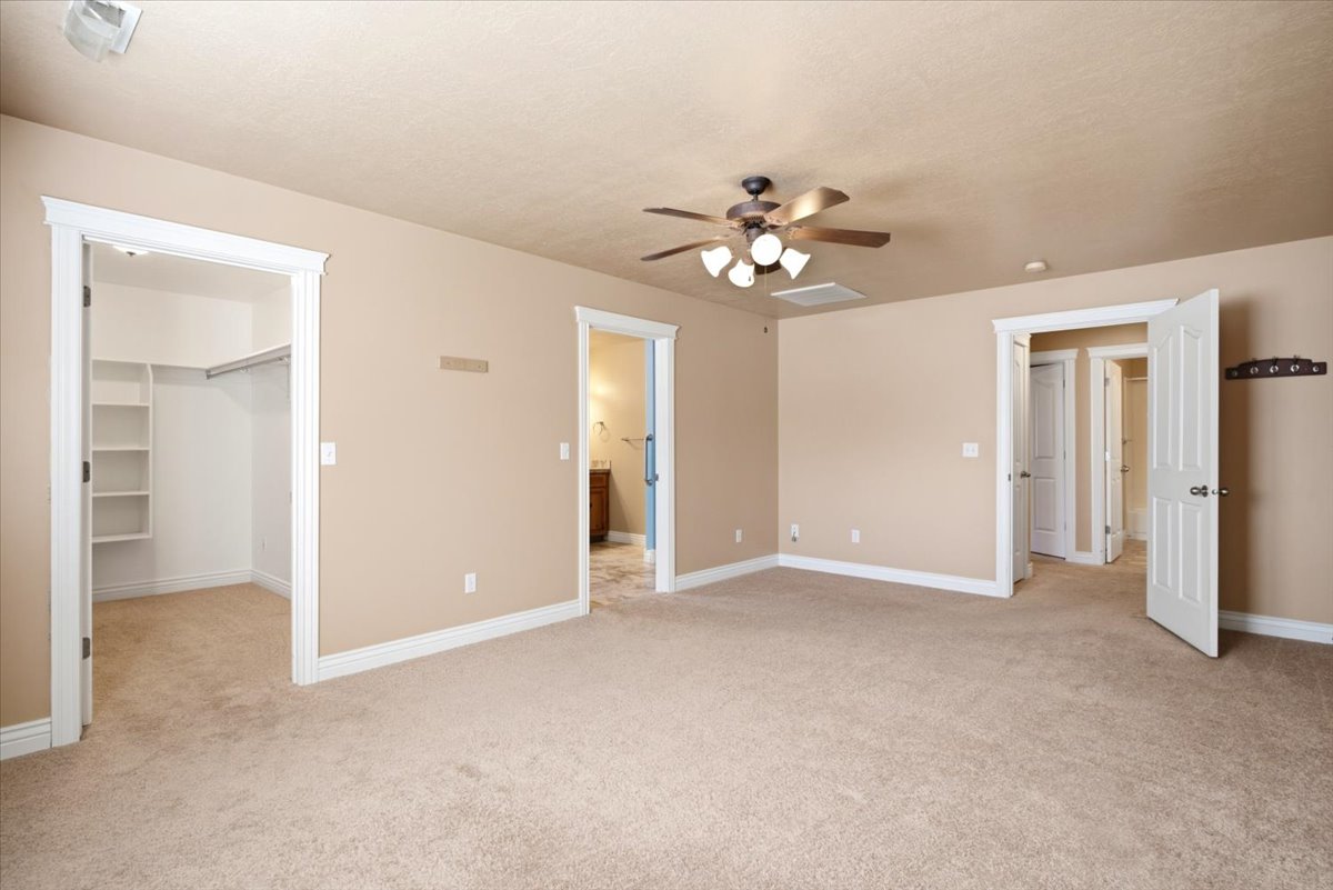 Carpeted room with a ceiling fan, recessed lighting, and a walk-in closet featuring built-in shelving and a clothing rod