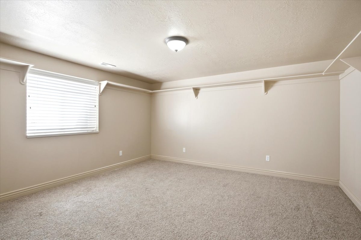 Neutral-toned room featuring a single window with horizontal blinds, light-colored carpet flooring, and a ceiling-mounted light fixture