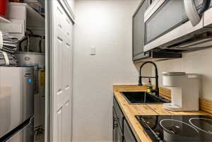 Compact kitchen area featuring wood-finish countertops, an undermount sink with a black gooseneck faucet, a built-in microwave, and an electric cooktop