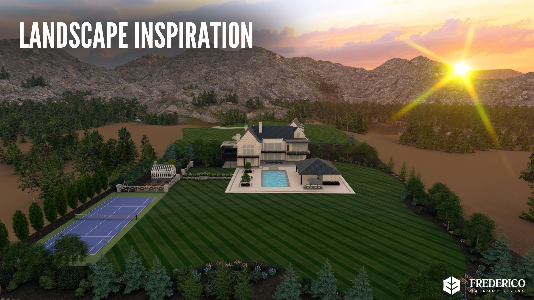 Expansive property featuring a large residence, tennis court, swimming pool, and dedicated pool house