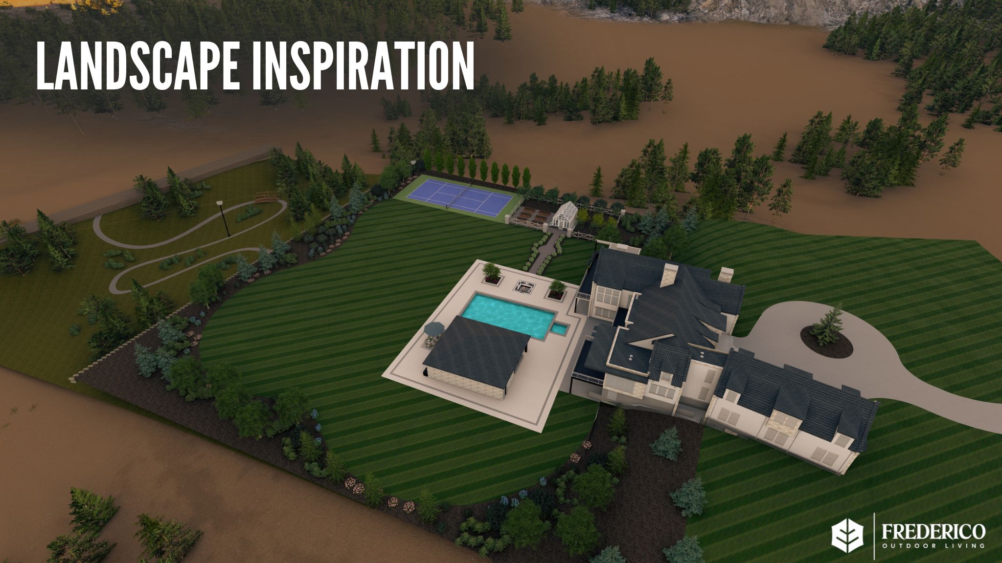 Expansive property showcasing a manicured lawn, a large residential structure, a geometric swimming pool, a tennis court, and a winding driveway