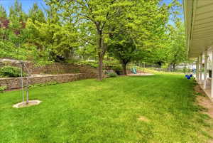 Private, fully fenced backyard with covered patio, shade trees, play area, swingset and RV parking