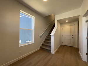 Entryway featuring wood-finish flooring, a large window, a carpeted staircase, and a paneled door